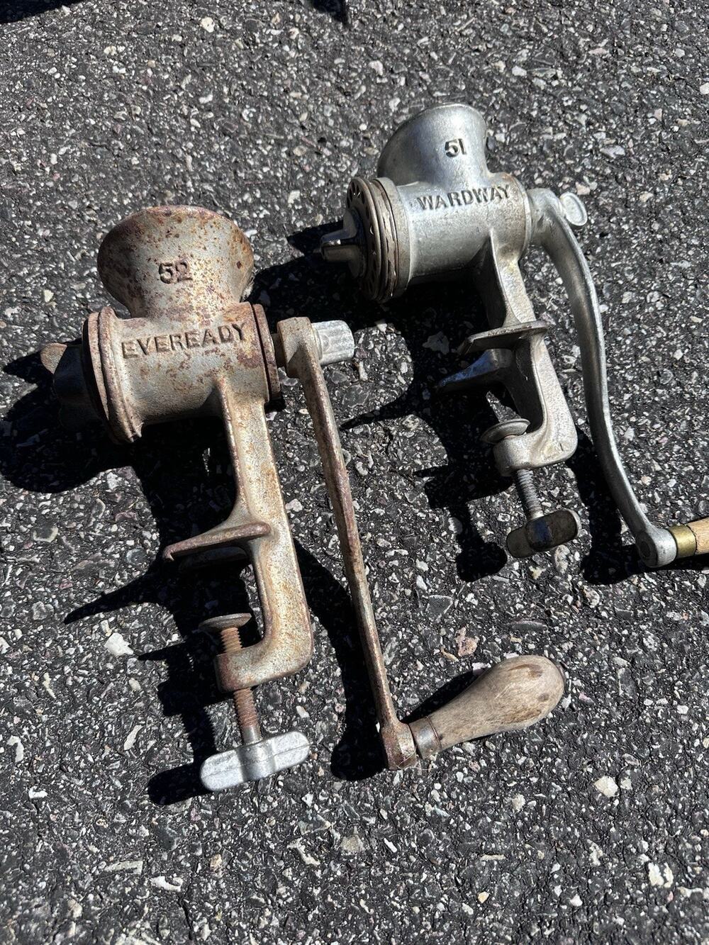 Vintage Cast Iron Meat Grinder Lot of 2 - Eveready No 52 & Wardway No 51 Manual